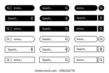 Set of search button, UI elements. Vector template for browsers with search bar and text field. Modern menu for sites and apps.