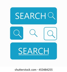 Set of search buttons. Magnifier in different frames and two simple buttons for web site. You can simply change color and size. Vector illustration