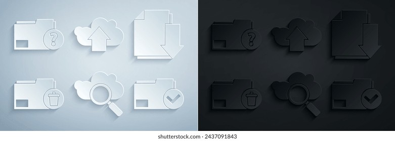 Set Search cloud computing, Document with download, Delete folder, and check mark, Cloud upload and Unknown document icon. Vector