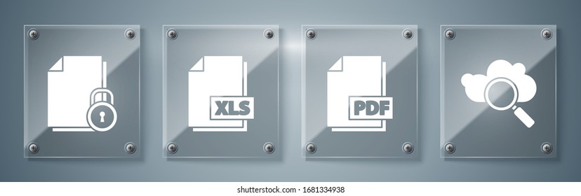 Set Search cloud computing, PDF file document, XLS file document and Document and lock. Square glass panels. Vector