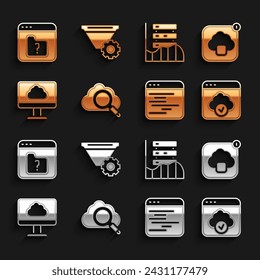 Set Search cloud computing, Cloud technology data transfer, Software, Server, Data, Web Hosting, File missing and Filter setting icon. Vector