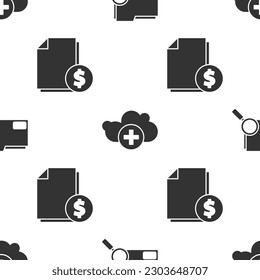 Set Search concept with folder, Add cloud and Finance document on seamless pattern. Vector