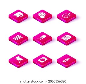 Set Search concept with folder, Completed task, Trash can, Office chair, Marker pen, File document, Briefcase and World map made from speech bubble icon. Vector