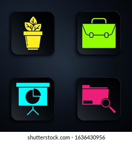 Set Search concept with folder, Flowers in pot, Presentation financial board with graph, schedule, chart, diagram, infographic, pie graph and Briefcase. Black square button. Vector