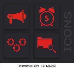 Set Search concept with folder, Megaphone, Alarm clock with dollar symbol and Gear icon. Vector