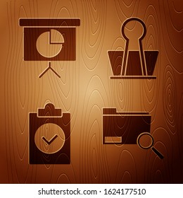 Set Search Concept With Folder, Presentation Financial Board With Graph, Schedule, Chart, Diagram, Infographic, Pie Graph, Completed Task And Binder Clip On Wooden Background. Vector