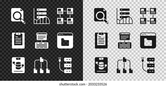 Set Search concept with folder, Server, Data, Web Hosting, Hierarchy organogram chart, Folder tree, report and  icon. Vector