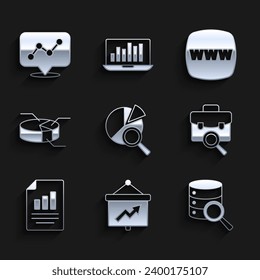 Set Search data analysis, Board with graph, Server, Work search, Document chart, Pie infographic, Website template and Graph icon. Vector