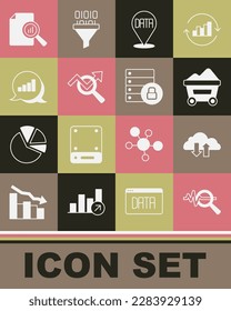 Set Search data analysis, Cloud download and upload, Coal mine trolley, Data, Pie chart infographic, Document with and Server security padlock icon. Vector