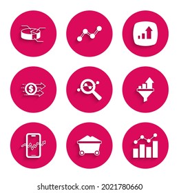 Set Search data analysis, Coal mine trolley, Financial growth, Sales funnel with chart, Mobile stock trading, dollar,  and Pie infographic icon. Vector