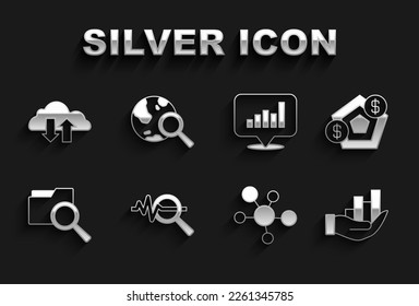 Set Search data analysis, Financial growth, Pie chart infographic, Mind map, with folder, Cloud download and upload and globe icon. Vector