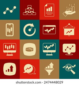 Set Search data analysis, Graph chart infographic, Board with, Document, Digital speed meter, Mobile stock trading,  and  icon. Vector