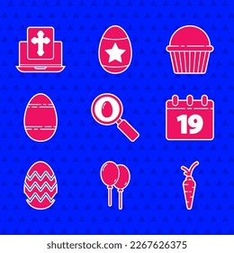 Set Search and easter egg, Balloons with ribbon, Carrot, Calendar Happy Easter, cake and Cross the laptop screen icon. Vector