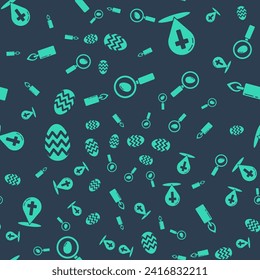 Set Search and easter egg, Map pointer with christian cross, Easter egg and Burning candle on seamless pattern. Vector