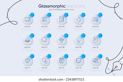 Set of Search employee, Message and Presentation board line icons for web app. Teamwork chart, Transmitter, Time management icons. Report document, Confirmed, Certificate signs. Puzzle. Vector