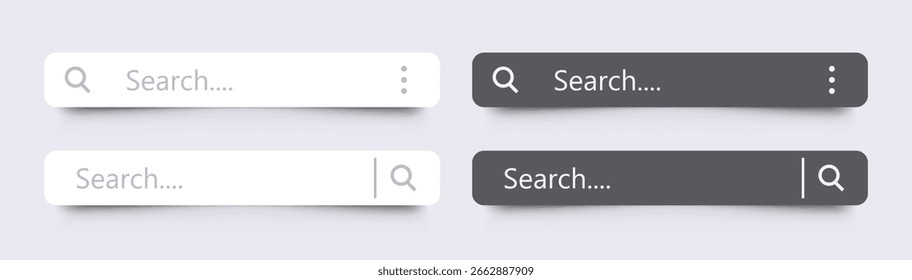 Set of search engine box user interface. Search bar with shadow. Search bar for UI UX with suggestions clean design vector template. Search engine browser mockup