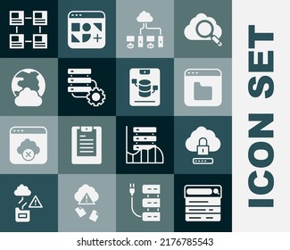 Set Search engine, Cloud computing lock, Browser files, Computer network, Server and gear, Social, Hierarchy organogram chart and Server, Data, Web Hosting icon. Vector