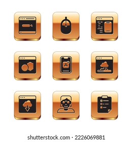 Set Search engine, Cloud technology data transfer, Hacker or coder, Mobile Apps, Software, Clipboard with checklist and Computer mouse icon. Vector