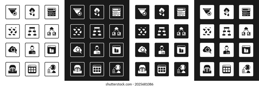 Set Search engine, Hierarchy organogram chart, Data stream, Filter setting, Cloud technology data transfer, hacking, File missing and cloud computing icon. Vector