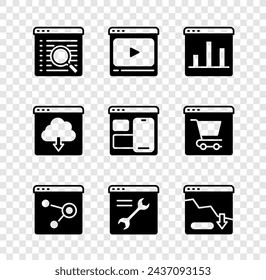 Set Search engine, Online play video, Graph chart infographic, Browser window, setting, Financial growth decrease, Cloud download and Web developer programming code icon. Vector