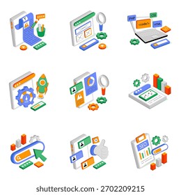 Conjunto de Ilustrações Isométricas de Otimização do Mecanismo de Pesquisa