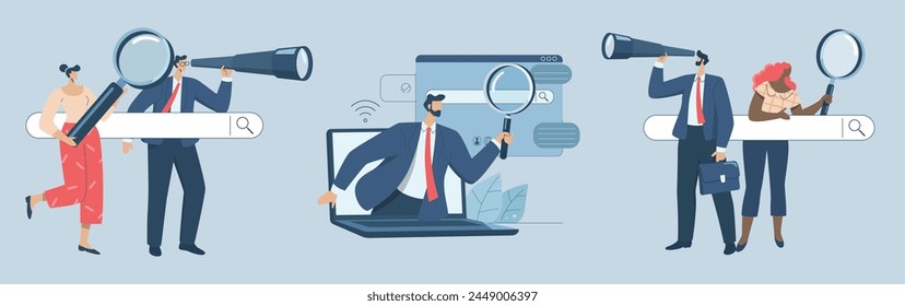 Set of search engine optimization, SEO. Analyze website page statistics, Internet marketing concepts, Businessmen and woman searching online with magnifying glass in web browser bar. Vector design.
