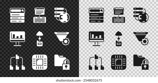 Definir mecanismo de Pesquisa, Servidor, Dados, Hospedagem Web, Conexão de nuvem de rede, Árvore de pastas, Processador com CPU e bloqueio, Gráfico de monitor e ícone de transferência de dados de tecnologia de nuvem. Vetor