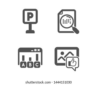 Set of Search file, Parking and Survey results icons. Like photo sign. Find document, Auto park, Best answer. Thumbs up.  Classic design search file icon. Flat design. Vector