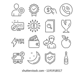 Set of Search files, Debit card and Fragile package icons. Payment, Champagne and Security signs. Quickstart guide, Bus parking and Certificate symbols. Vector