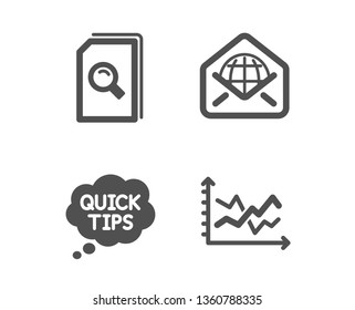 Set of Search files, Web mail and Quick tips icons. Diagram chart sign. Magnifying glass, World communication, Helpful tricks. Presentation graph.  Classic design search files icon. Flat design