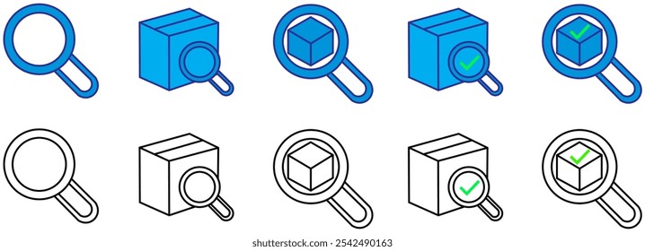 Paket suchen oder suchen, Paketsymbol. Mit Lupe, Lupe mit Karton, Lupe mit Produkt und Häkchen. Vektorgrafik