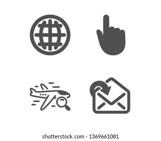 Set of Search flight, Globe and Hand click icons. Receive mail sign. Find travel, Internet world, Location pointer. Incoming message.  Classic design search flight icon. Flat design. Vector