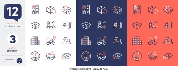 Set of Search flight, Wholesale inventory and Packing boxes line icons. Include Bike delivery, Parking place, Wholesale goods icons. Delivery insurance, Connecting flight. Bicolor outline icon. Vector