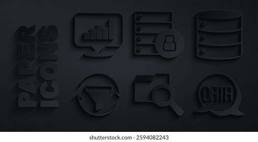 Set Search with folder, Server, Sales funnel chart, Data analysis, security padlock and Pie infographic icon. Vector