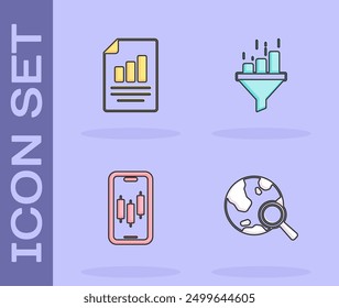 Establecer globo de Búsqueda, documento con gráfico gráfico, comercio de acciones móviles y embudo de ventas icono. Vector