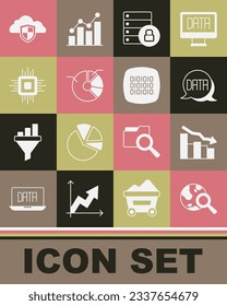 Set Search globe, Financial growth decrease, Data analysis, Server security with padlock, Pie chart infographic, Processor CPU, Cloud and shield and Binary code icon. Vector