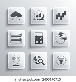 Set Search globe, Sales funnel with chart, Pie infographic, Calculator, Data analysis, Server, Network cloud connection and Browser stocks market icon. Vector