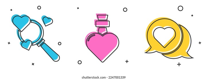 Set Search heart and love, Bottle with love potion and Heart in speech bubble icon. Vector