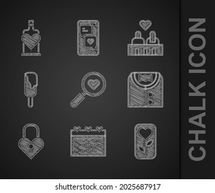 Set Search heart and love, Calendar with, Flower rose, Suit, Castle in the shape of, Ice cream, Couple and Bottle potion icon. Vector