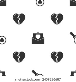 Set Search heart and love, Envelope with Valentine and Broken on seamless pattern. Vector