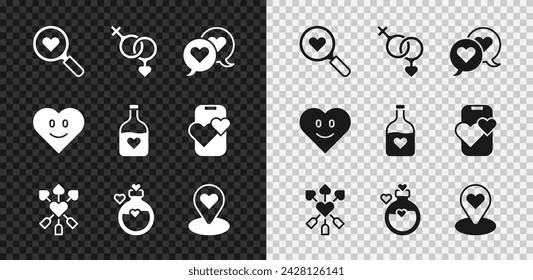 Set Search heart and love, Gender, Heart in speech bubble, Amour with arrow, Bottle potion, Location,  and  icon. Vector