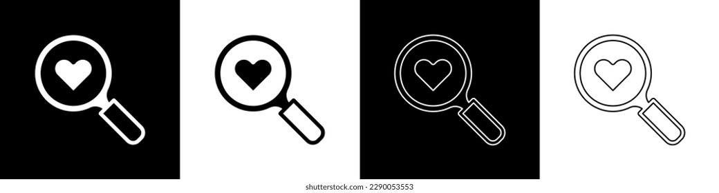 Set Search heart and love icon isolated on black and white background. Magnifying glass with heart inside. Happy Valentines day.  Vector