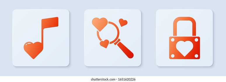 Set Search heart and love, Music note, tone with hearts and Lock and heart. White square button. Vector