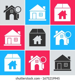Set Search house, House and Cardboard box with house icon. Vector
