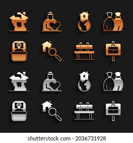 Separar Casa de Búsqueda, Bolsa de Basura, Búsqueda de Trabajo, Banco, Dormido, Refugio para personas sin hogar, Icono Ruinado y Voluntario. Vector