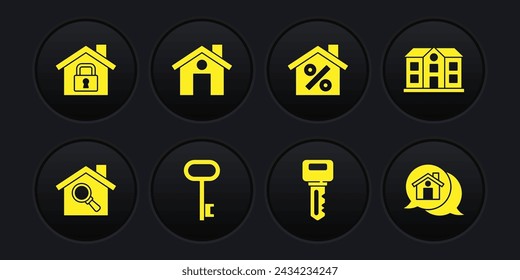Set Search house, House, key, with percant discount, Real estate message and under protection icon. Vector