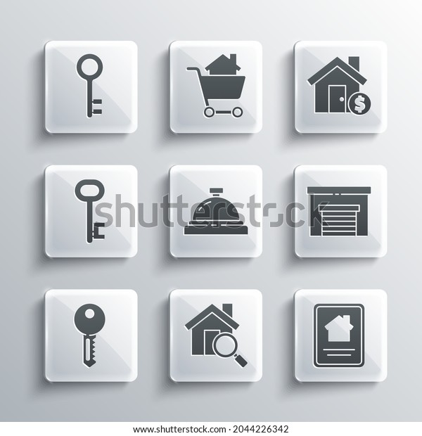 Set Search\
house, Online real estate, Garage, Hotel service bell, House key, \
and with dollar symbol icon.\
Vector