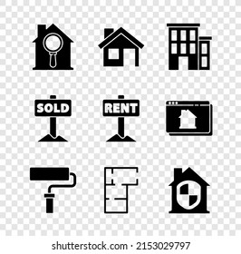 Set Search house, House, Paint roller brush, plan, under protection, Hanging sign with text Sold and Rent icon. Vector