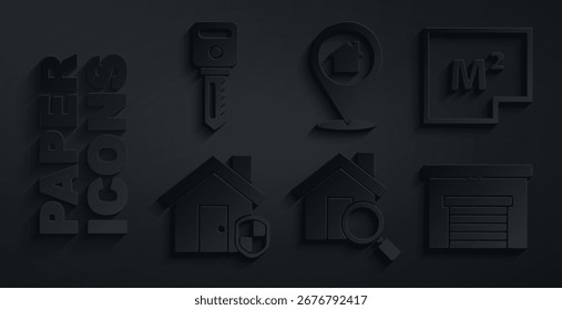 Set Haus suchen, Haus Plan, unter Schutz, Garage, Lage mit und Schlüsselsymbol. Vektorgrafik