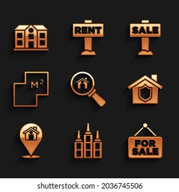 Set Search house, Skyscraper, Hanging sign with For Sale, House shield, Location, plan,  and  icon. Vector